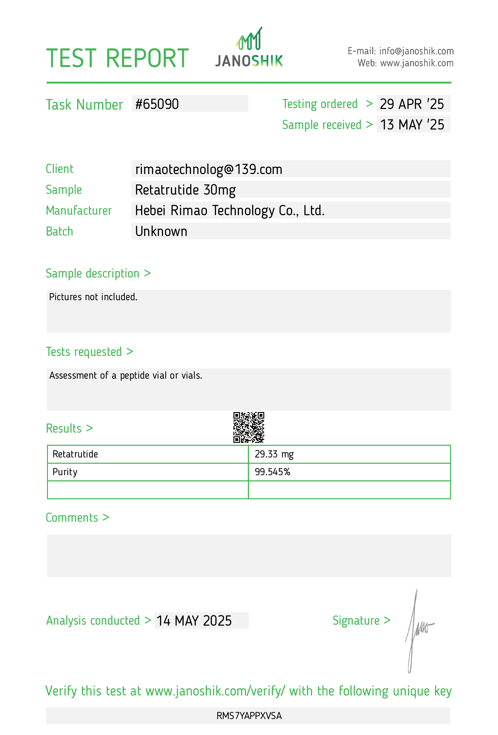 Certificate of Analysis for Retatrutide